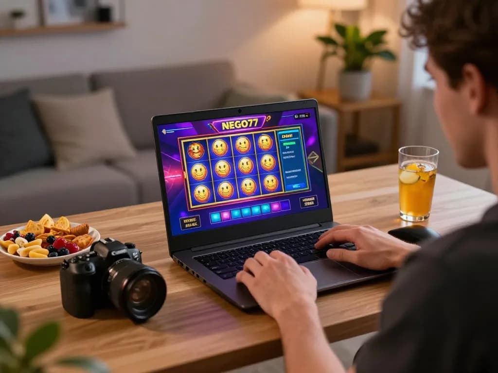 Player enjoying NEGO77's online casino gaming on a laptop with vibrant slot interface and cozy ambiance.