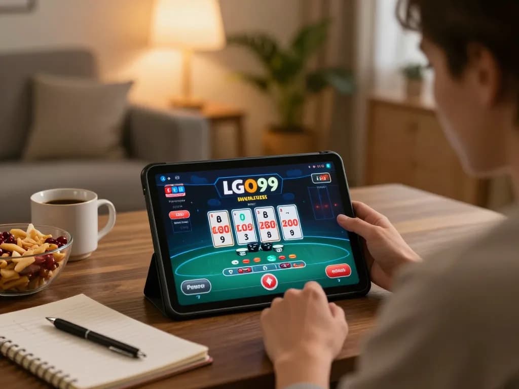 LGO99 player engaged in online poker game on tablet in cozy home setting.