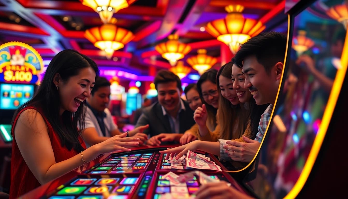 Menggandeng slot mahjong di kasino yang ramai dengan pemain bersemangat.