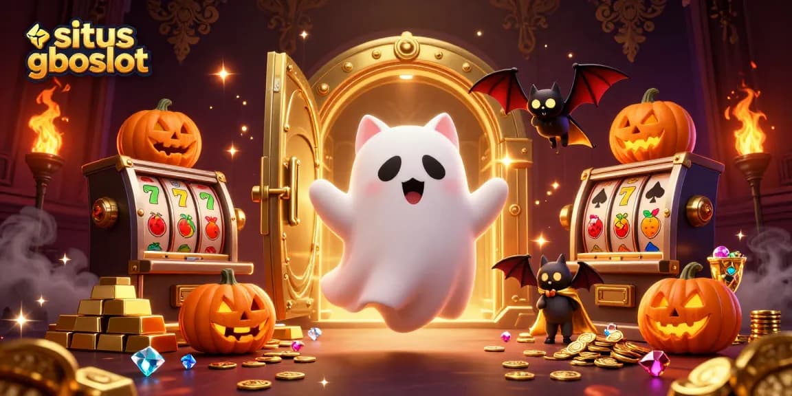 Situs gboslot menghadirkan kucing hantu yang mengapung di mansion kasino yang menyeramkan, dikelilingi elemen game yang meriah.