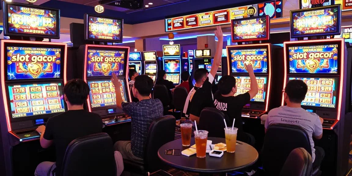 Exciting players celebrating wins at slot gacor machines in a vibrant casino environment