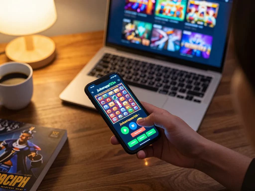 Mobile gambling with jokerapp123a showing dynamic slot game on smartphone, cozy home setting.