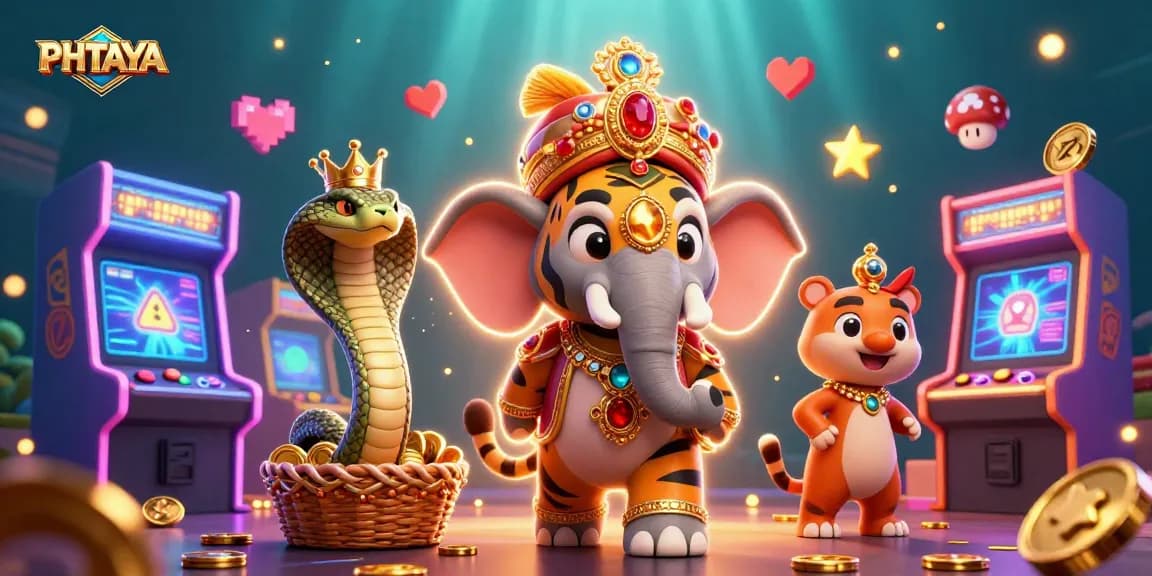 PHTAYA offers thrilling gaming experiences with its vibrant 3D elephant and tiger characters amidst colorful arcade elements.