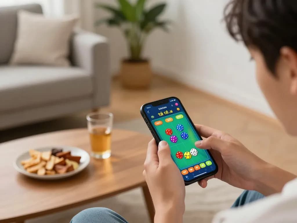 The player enjoys the app tài xỉu, engaging with colorful dice displays in a cozy living room setting.