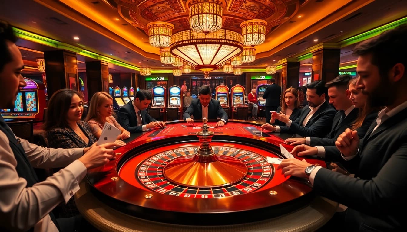 Situs11 casino atmosphere filled with excitement, featuring a roulette table and poker players that depict thrilling moments.
