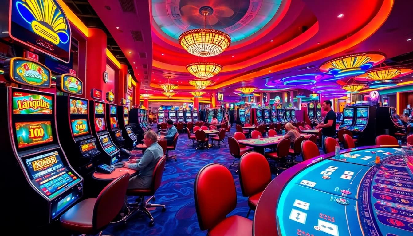 A vibrant casino scene with afktoto slot machines and players enjoying games in an energetic atmosphere.