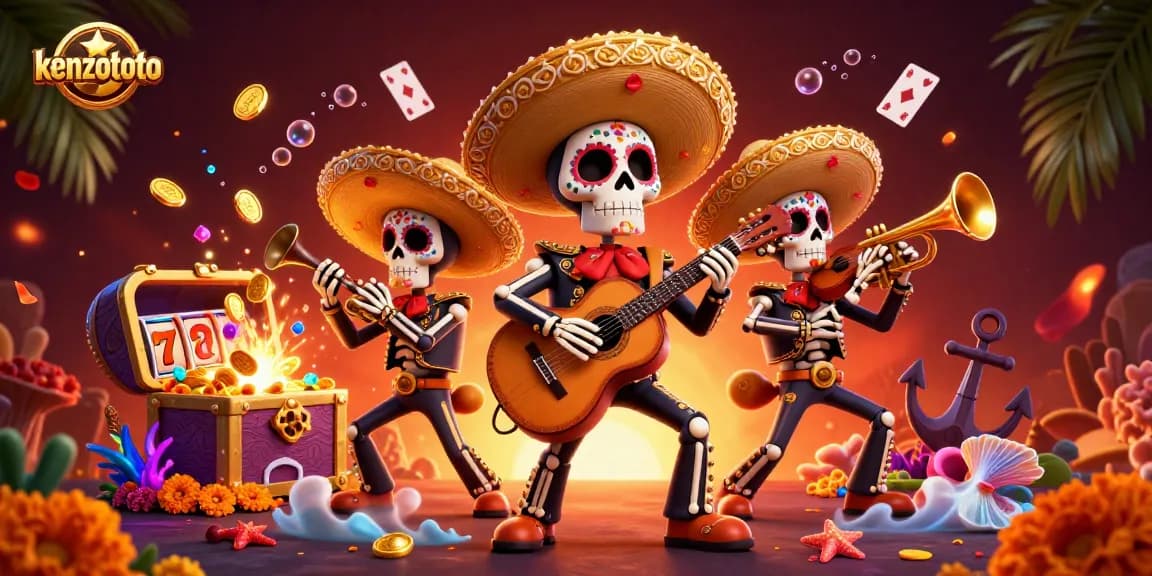 Engage with kenzototo through vibrant casino-themed 3D illustration featuring Day of the Dead mariachi band.