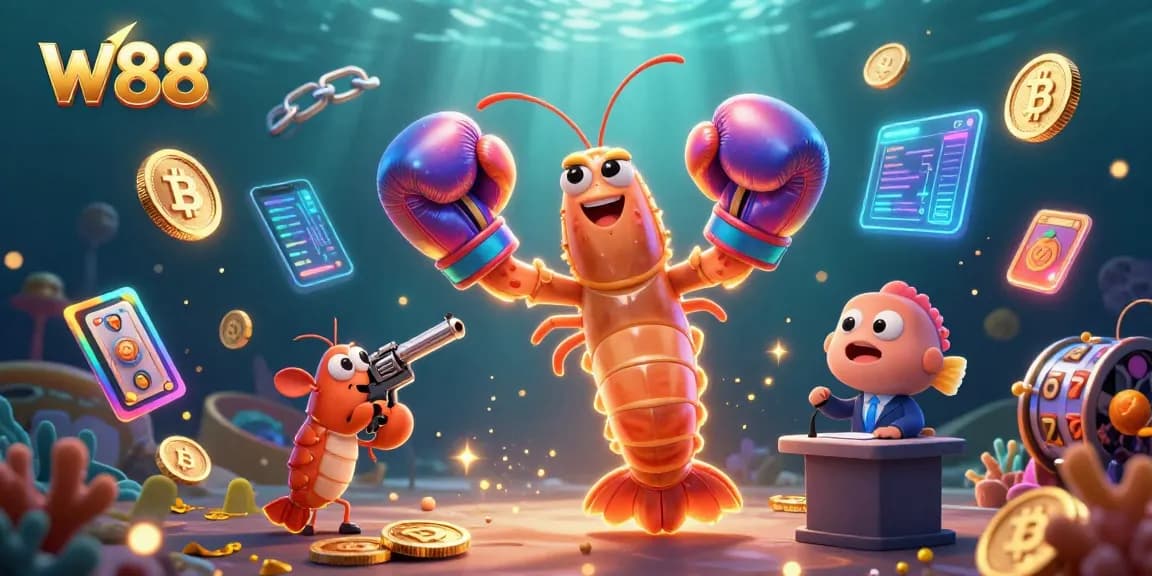 W88 online casino illustration with shrimp duo and coral grouper amidst vibrant slot game elements.