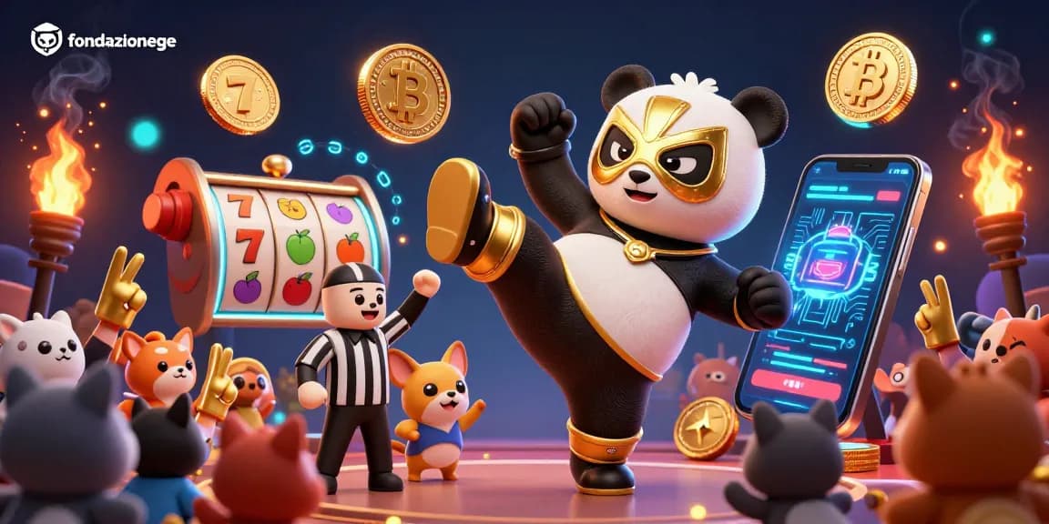 fondazionege showcases an exciting scene with a wrestling panda, vibrant slot reels, and animated NFTs, creating a lively gambling atmosphere.