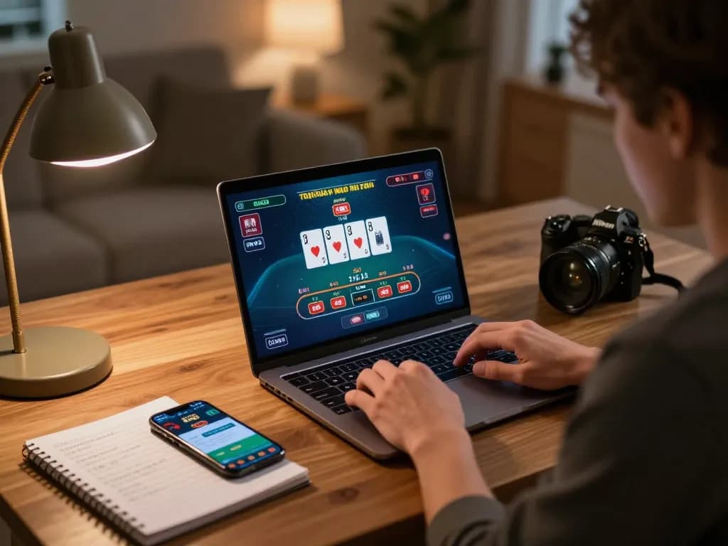 Player engaging in live dealer blackjack on VIN777 with strategic notes and betting app in view.