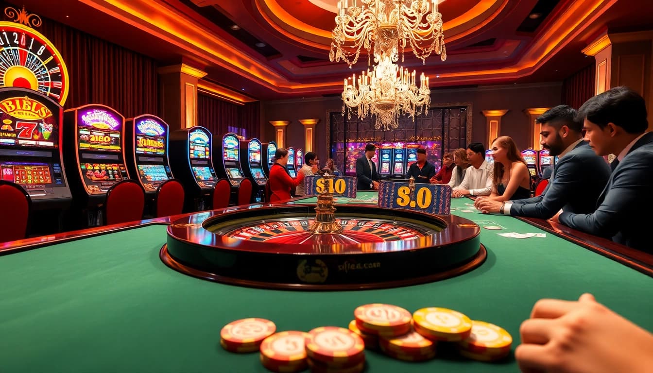 Kegembiraan Situs Gacor di meja kasino mewah dengan mesin slot berwarna-warni dan penjudi yang bersorak.