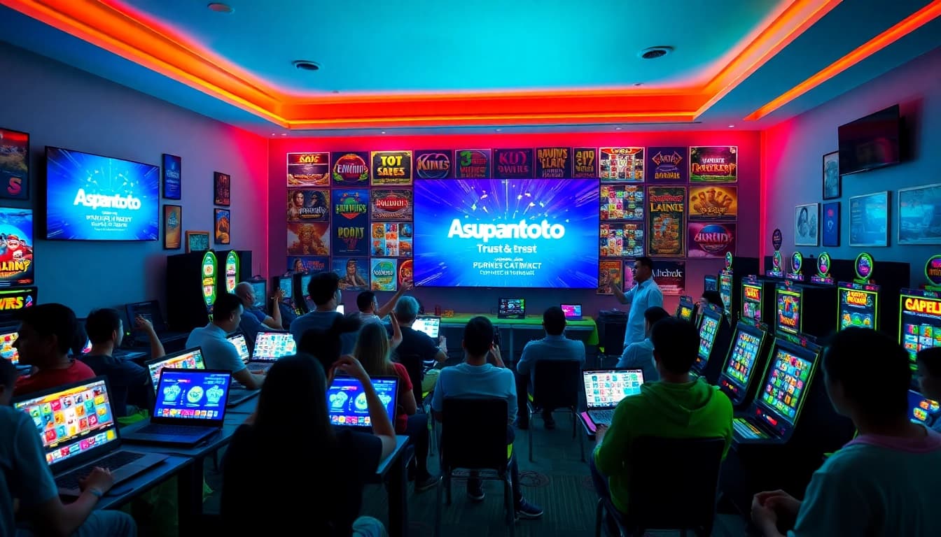 Asupantoto gaming atmosphere with players celebrating wins in a vibrant neon-lit room.
