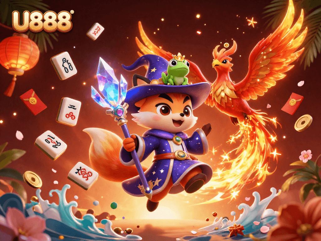 Engage in thrilling gaming action with U888's magical atmosphere featuring a wizard, phoenix, and lucky symbols.