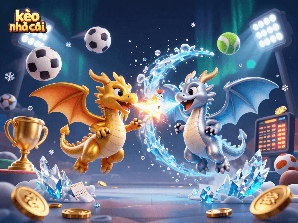 Engage with kèo nhà cái in a vibrant 3D fantasy scene featuring gold and silver dragons.