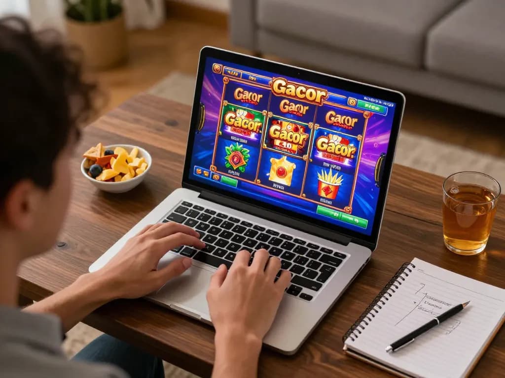 Engaging with Gacor slots online, showcasing high winning potential in a cozy home setting