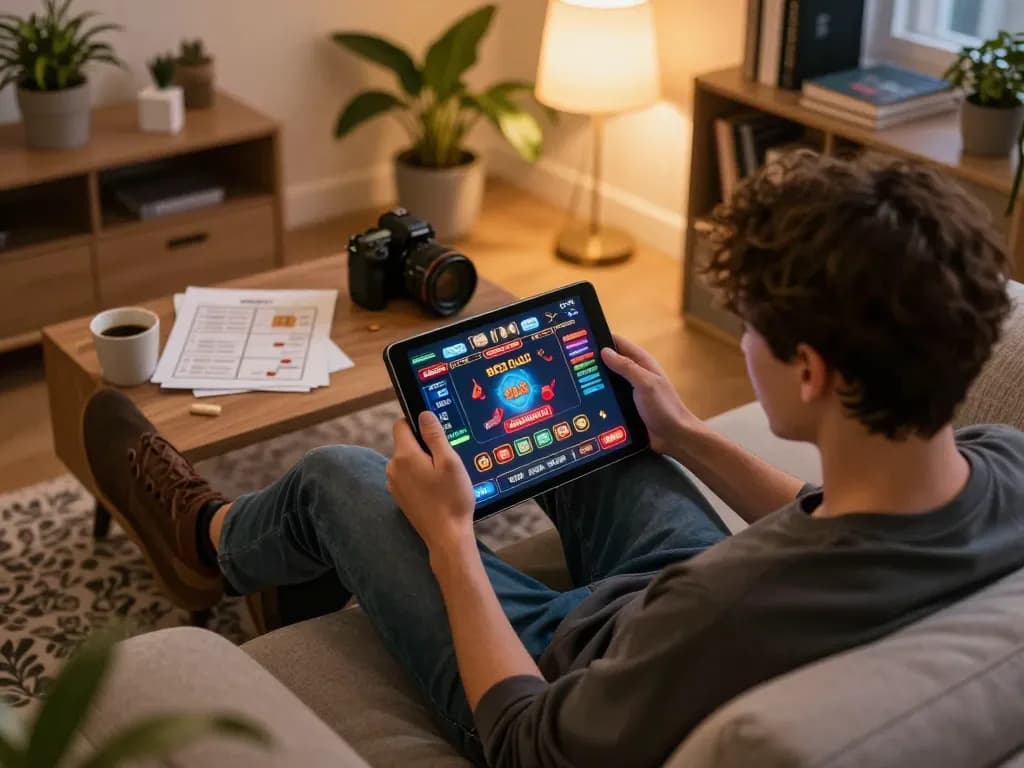 Người chơi câu lạc bộ B52 tận hưởng các trò chơi casino trực tuyến trên máy tính bảng trong không gian ấm cúng tại nhà.