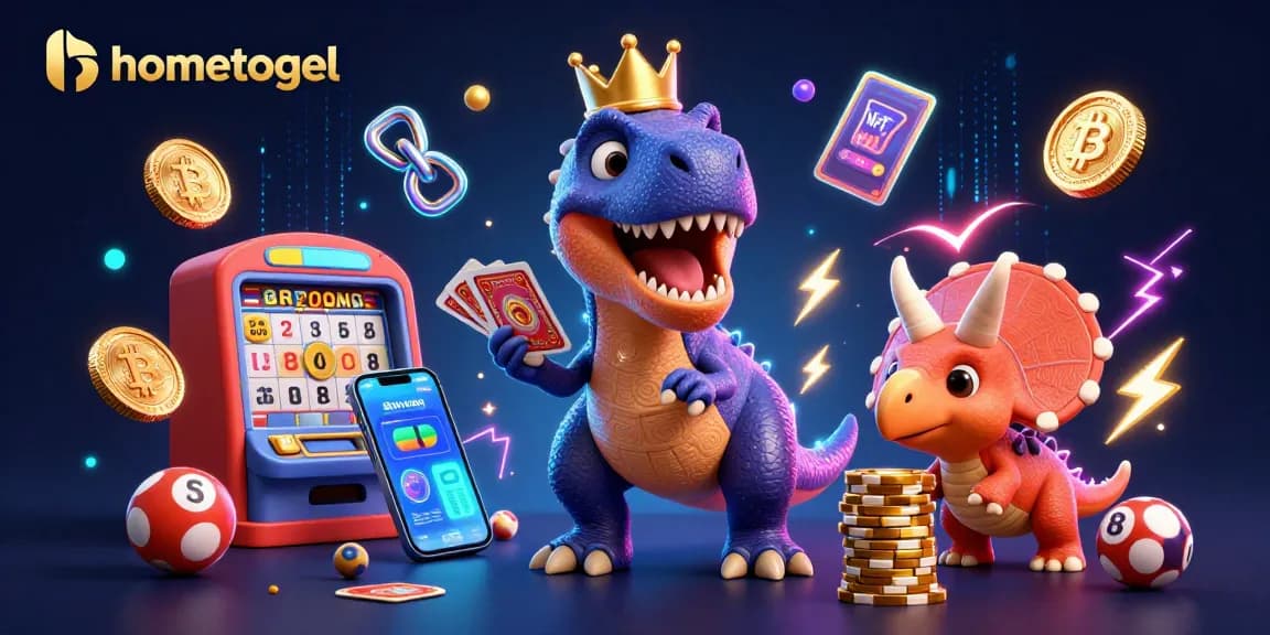 Engage with hometogel's dynamic lottery experience featuring a playful T-Rex and colorful game elements.