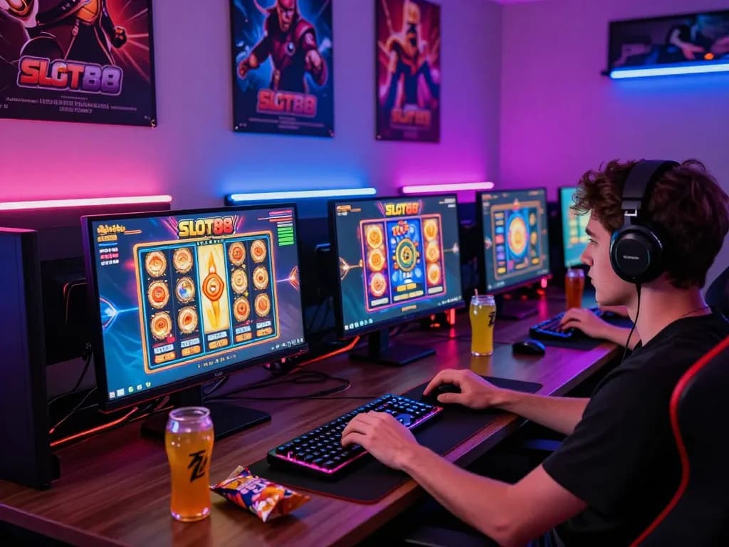 Engaging player at BIUSTOTO online Slot88 gaming setup with vibrant screens and snacks