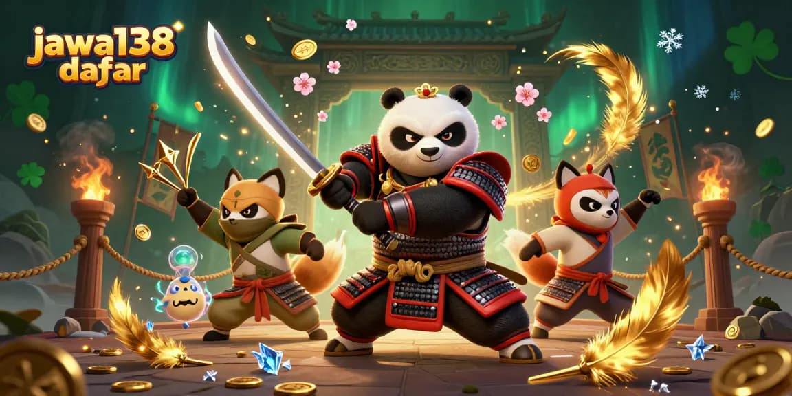 Jawa138 daftar hadir dalam ilustrasi 3D, menggambarkan karakter samurai panda dan ninja fox dalam suasana kasino.
