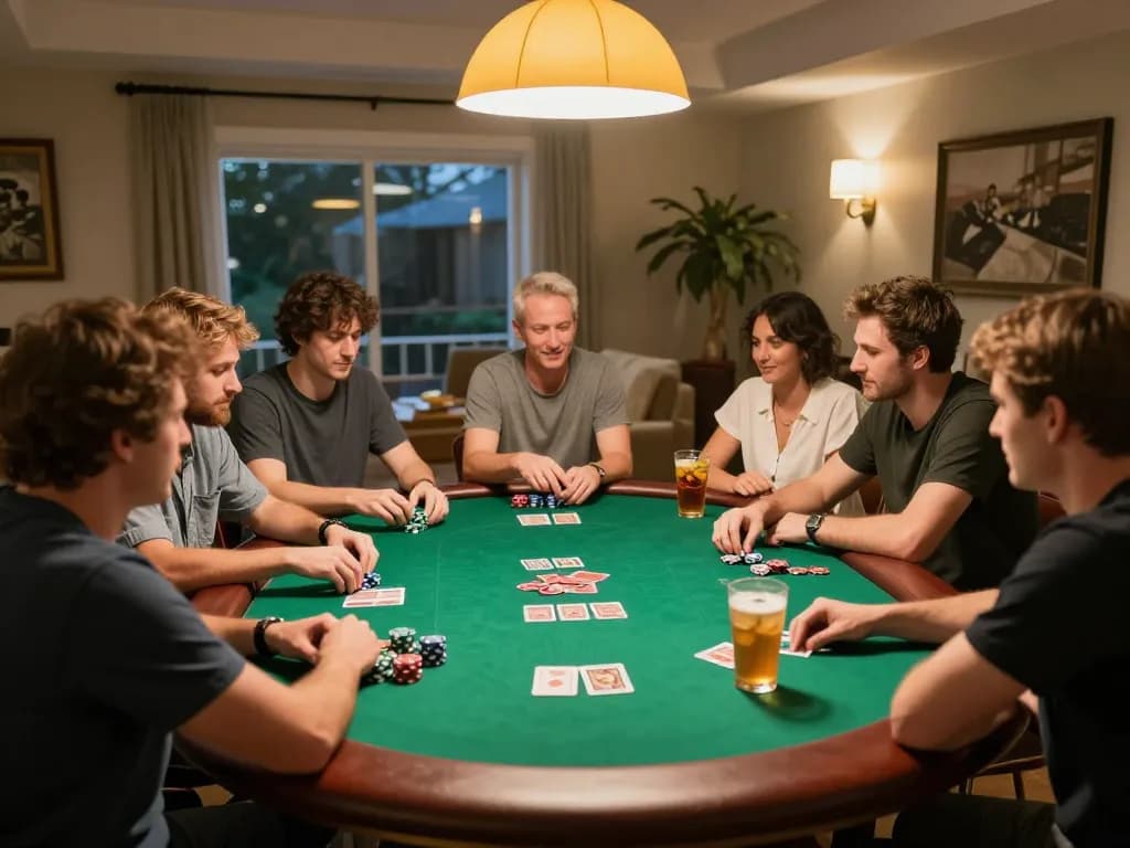 Pemain HOKI368 terlibat dalam permainan poker malam di rumah yang mendebarkan dengan strategi dan kebersamaan.