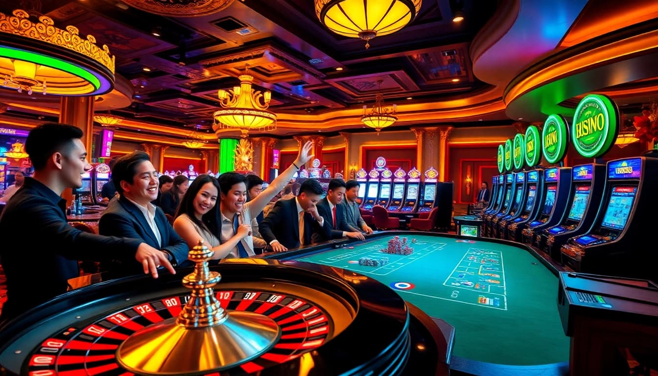 Gamblers engaging in exciting gameplay at a CM88 themed casino table, showing vibrant betting action.