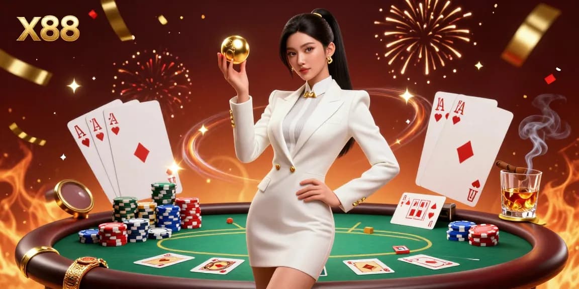 X88 casino gameplay illustration showcasing an Asian woman holding a roulette ball in a luxury environment.