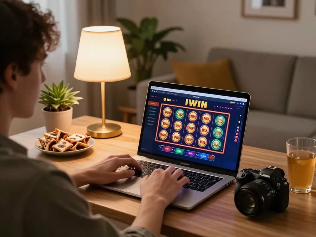 IWIN players engaging in online gaming, enjoying slots and poker in a cozy home setting.