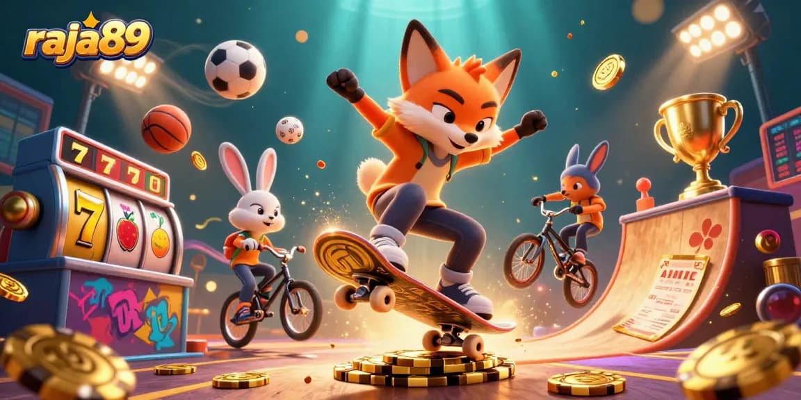 Experience thrilling wins with raja89 while a skateboarder fox kicks over golden poker chips.