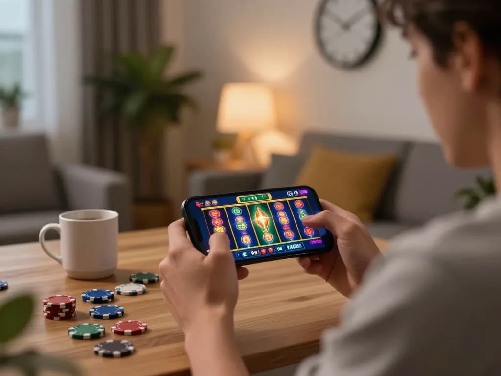 IDCASH88 Daftar on mobile casino app showcasing vibrant slot gameplay experience in a cozy home setting