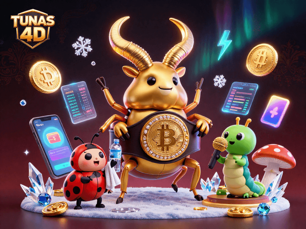 TUNAS 4D showcases a 3D cartoon battle of a golden stag beetle against cryptocurrency elements, embodying the excitement of online gaming.