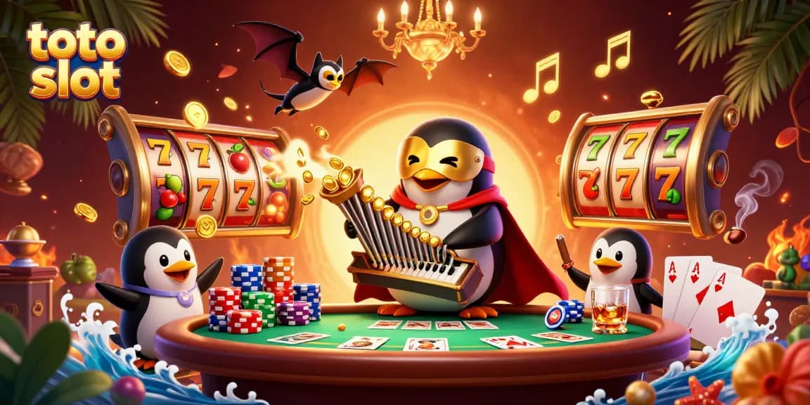 Menangkan jackpot di toto slot dengan pesulap penguin dan simbol keberuntungan berkilau.