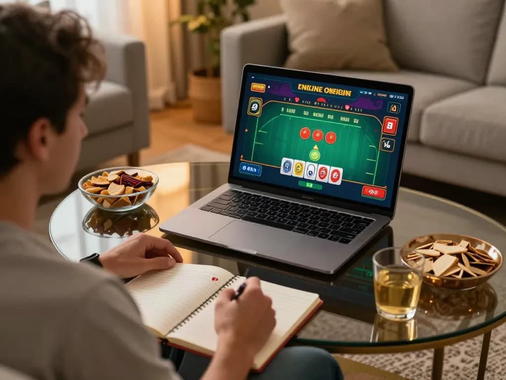 Playing game 98win online blackjack on a laptop in a cozy home setting with strategy notes.