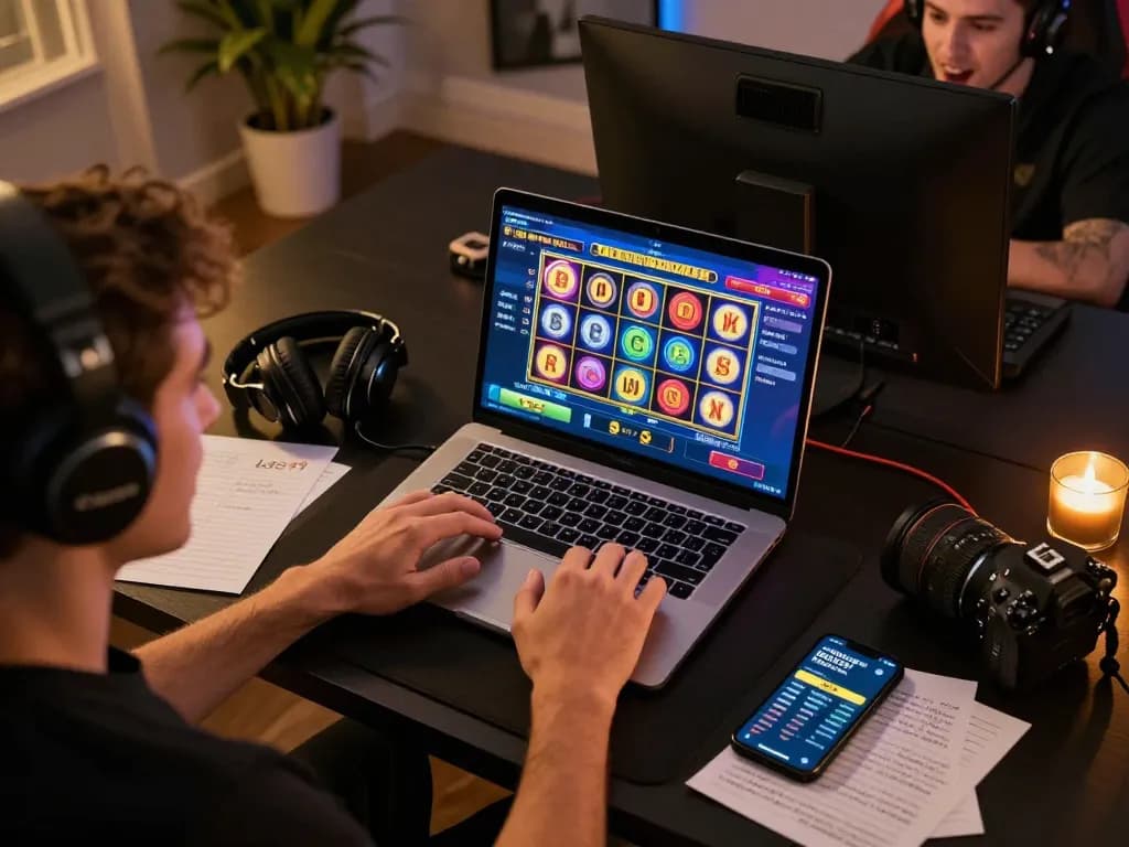 Player engaging with LGO99 online slots from a cozy home setup, showcasing excitement and strategy.