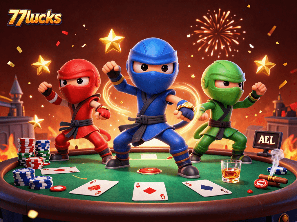 Memenangkan permainan kasino aksi seru dengan 77lucks, tim ninja chameleon dan banyak elemen poker.