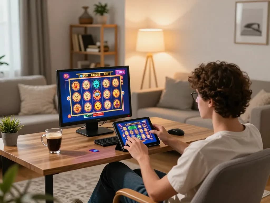 Engaging online slot gameplay at home with OKESLOT on a tablet, showing an immersive casino experience.