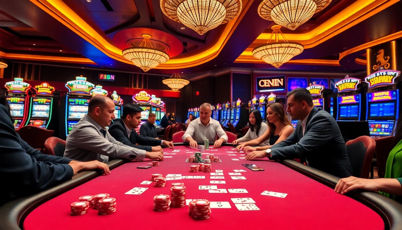 Players enjoying a thrilling poker game at CEMEKU's vibrant casino table with colorful chips.