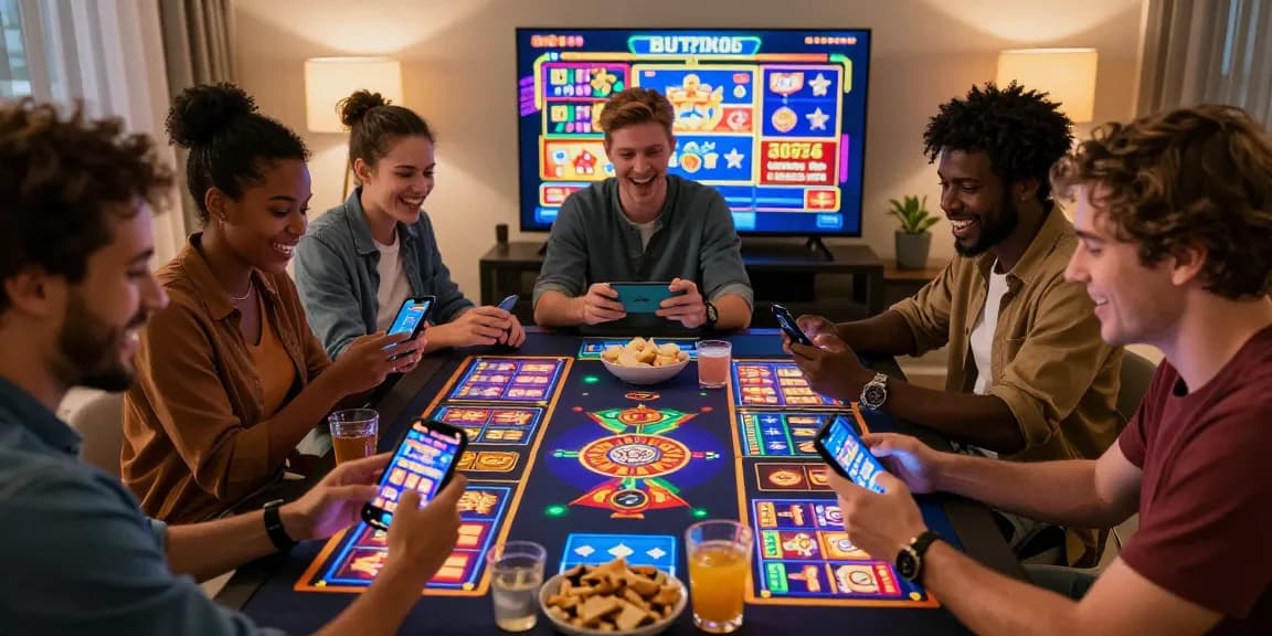 Exciting friends playing slot777 games together in a vibrant living room