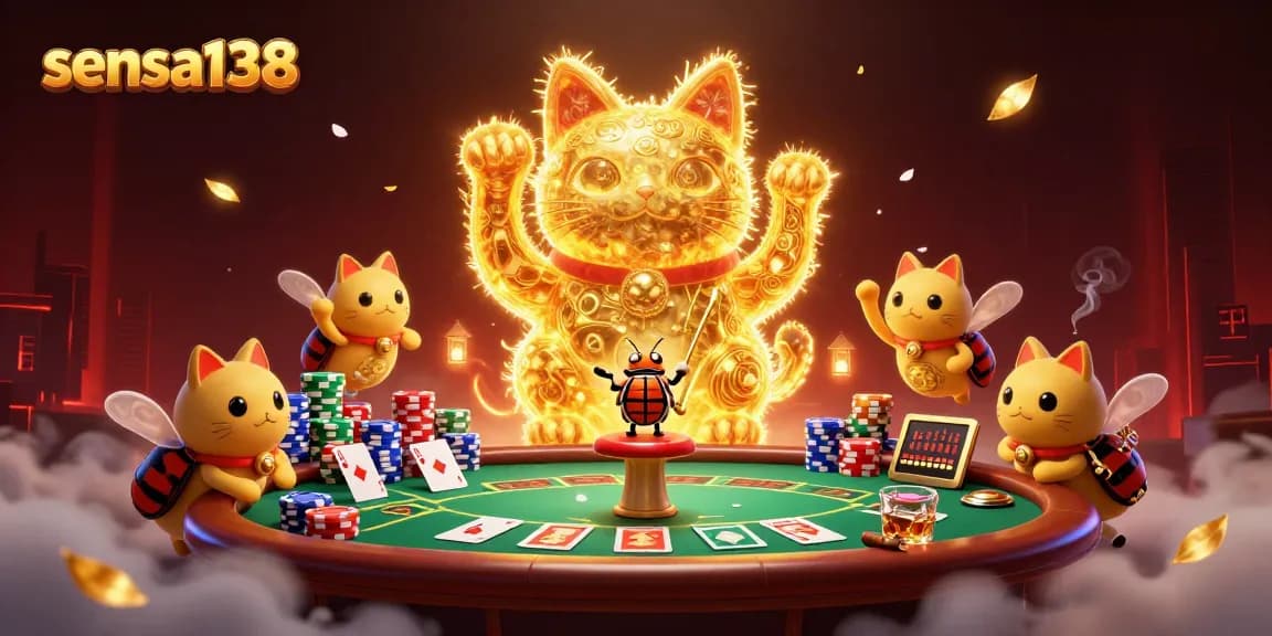 Sensa138 captivates with a vibrant casino scene featuring lucky cat fireflies amidst poker excitement.