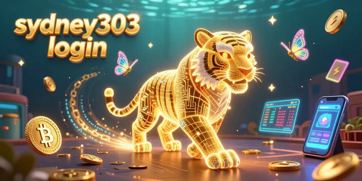 Menampilkan sydney303 login, harimau emas bersinar di kasino digital, dikelilingi koin crypto.