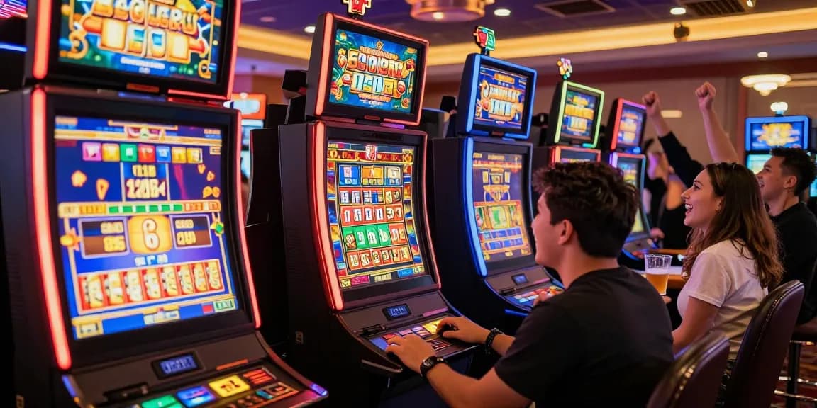 Slot rtp di kasino online, pemain menikmati mesin slot dengan suasana meriah dan dekorasi ceria.