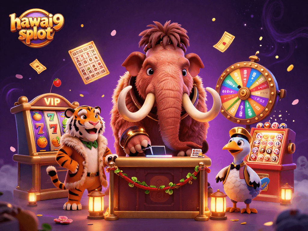 Experience hawai9 slot with vibrant casino characters and elements in a dynamic gaming scene.
