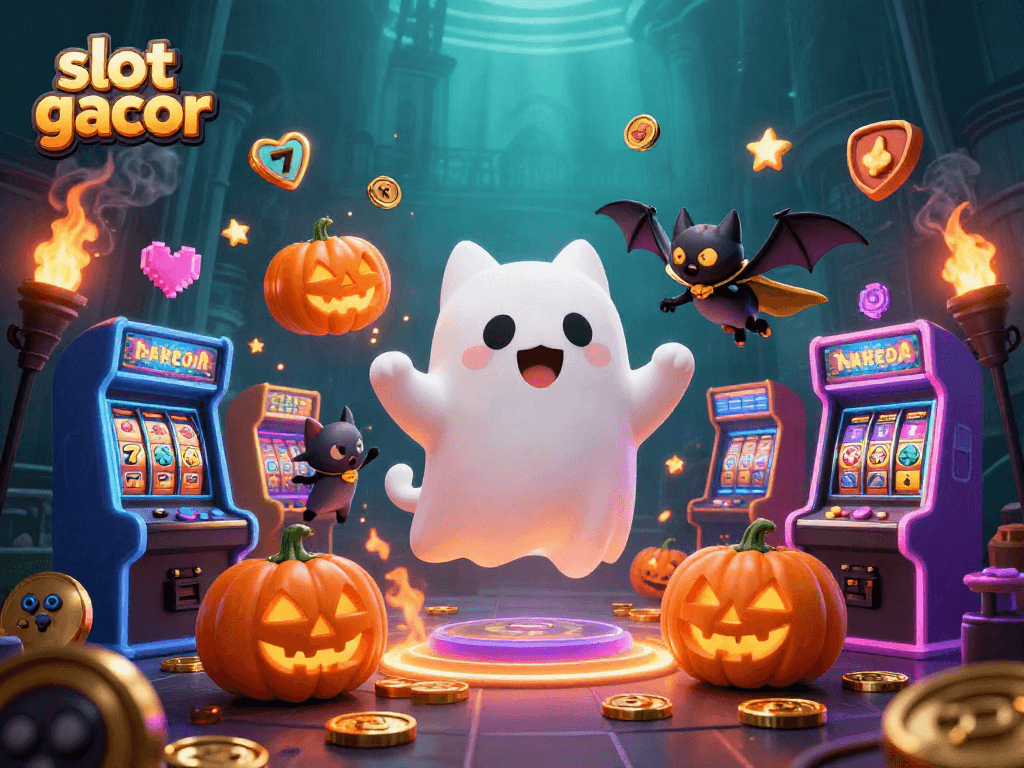 Spin the reels with slot gacor in a vibrant haunted casino scene with ghostly characters.