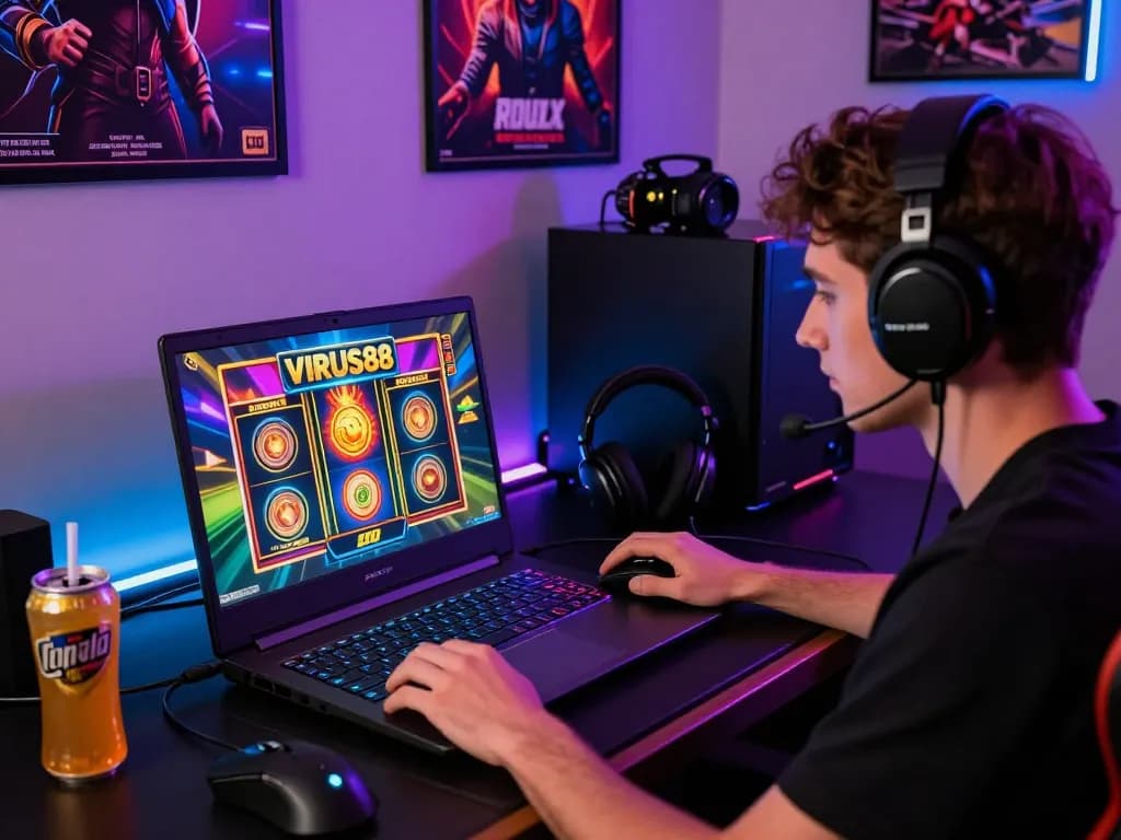 Pemain terlibat dalam permainan slot online VIRUS88 dengan grafis yang berwarna-warni dan aksesori permainan.