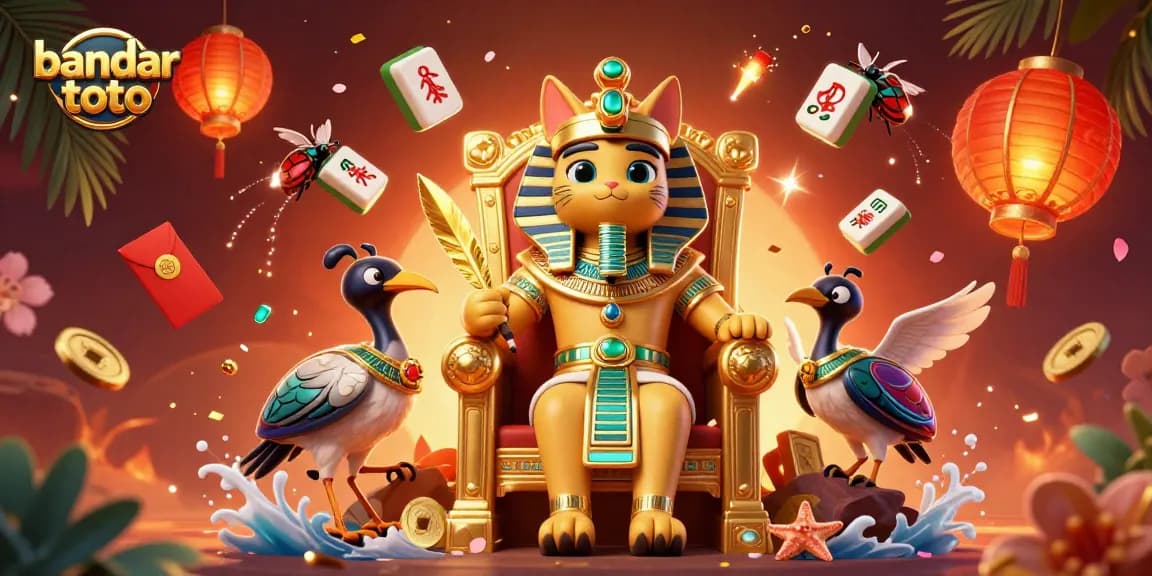 Engage in Bandar Toto with an illustrative scene of a pharaoh cat and gaming charm elements.