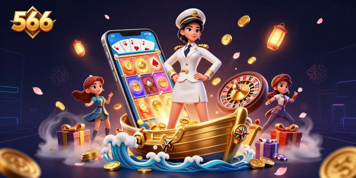 Play with 566's thrilling casino atmosphere featuring exciting slot games, golden coins, and a charming Asian dealer.