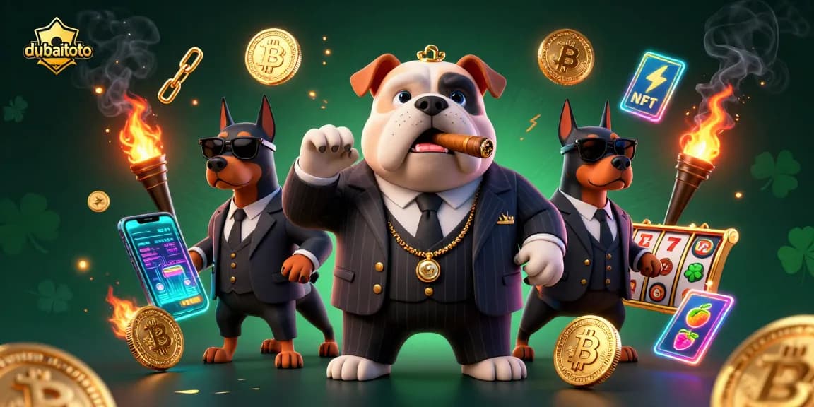 Engage in thrilling slots with dubaitoto, featuring a cartoon mafia bulldog and futuristic crypto elements.