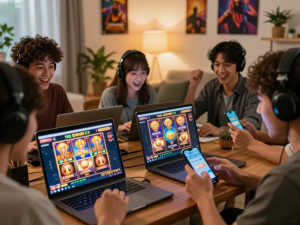 Pemain menikmati permainan mendebarkan di slot server Indonesia dari rumah, merayakan kemenangan di layar mereka.
