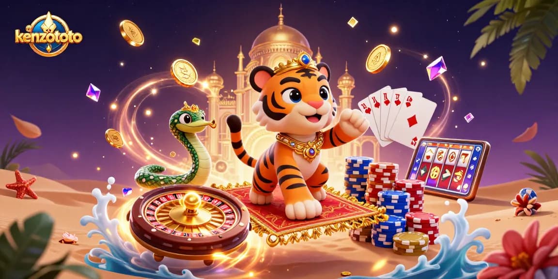 Kenzototo showcases a vibrant Arabian Nights-themed casino scene with a tiger sultan, magic lamp, and game elements.