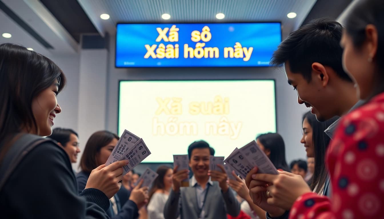 Xổ số hôm nay displayed on a modern lottery results screen with excited participants in the foreground.