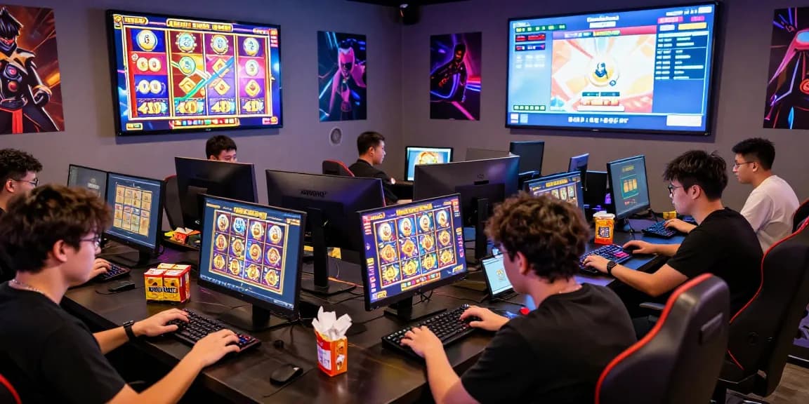 Suasana bermain slot online di lounge gaming dengan pemain fokus pada layar dan detail permainan menarik.